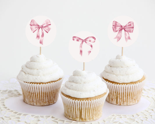 Pink Bow Cupcake Toppers Printable for Baby Birthday and Bridal Shower, Watercolor preppy coquette bow theme party for fancy southern girl