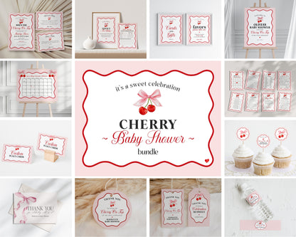 Cherry Sweet Baby Shower Bundle Printable Template, Cherry on Top Theme Spring or Summer Shower for girl, pink and red wavy soda shop decor