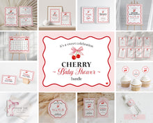  Cherry Sweet Baby Shower Bundle Printable Template, Cherry on Top Theme Spring or Summer Shower for girl, pink and red wavy soda shop decor