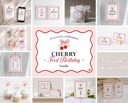 Cherry Sweet First Birthday Bundle Printable Template, Cherry on Top Spring or Summer Shower for girl, pink and red wavy soda shop decor