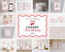  Cherry Sweet First Birthday Bundle Printable Template, Cherry on Top Spring or Summer Shower for girl, pink and red wavy soda shop decor