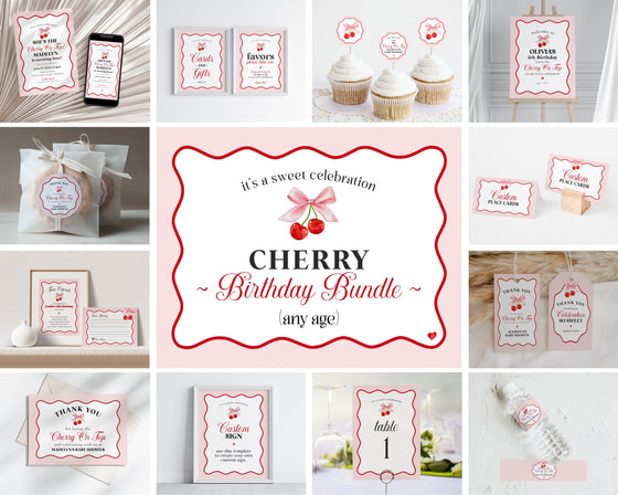 Cherry Sweet Birthday Bundle Printable Template, Cherry on Top Theme Spring or Summer Party for girl, pink and red wavy soda shop decor