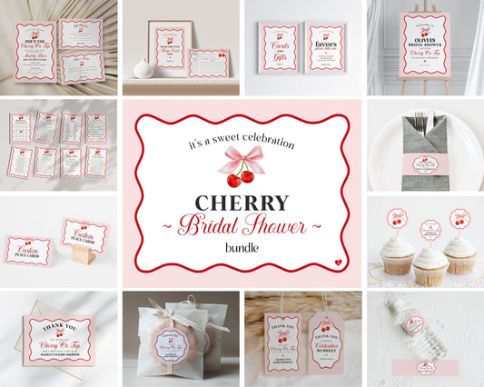 Cherry Sweet Bridal Shower Bundle Printable Template, Cherry on Top Theme Spring or Summer Shower for girl pink and red wavy soda shop decor