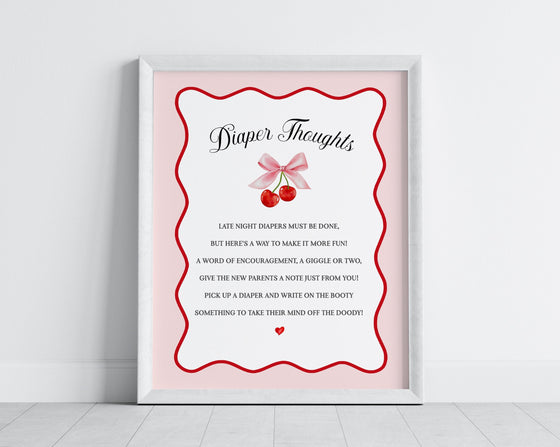 Cherry Sweet Baby Shower Diaper Thoughts Sign Printable Template, Cherry on Top Theme Spring or Summer Shower for girl, pink & red soda shop