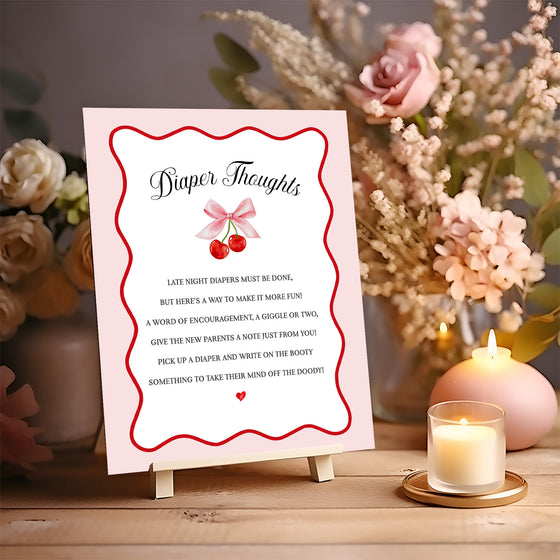 Cherry Sweet Baby Shower Diaper Thoughts Sign Printable Template, Cherry on Top Theme Spring or Summer Shower for girl, pink & red soda shop