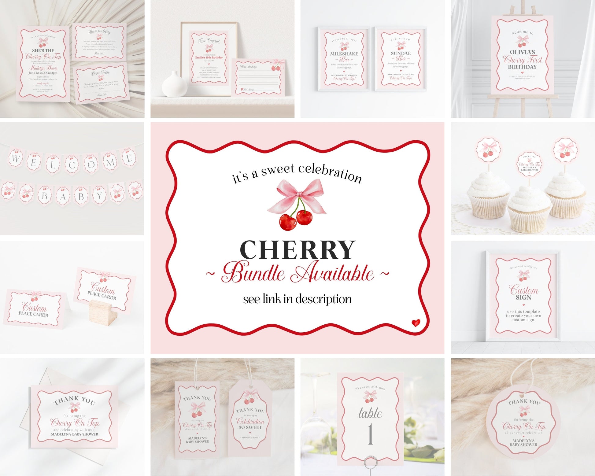 Cherry Sweet Baby Shower Invitation Printable Template, Cherry on Top Theme Spring or Summer Shower for girl, pink and red wavy soda shop