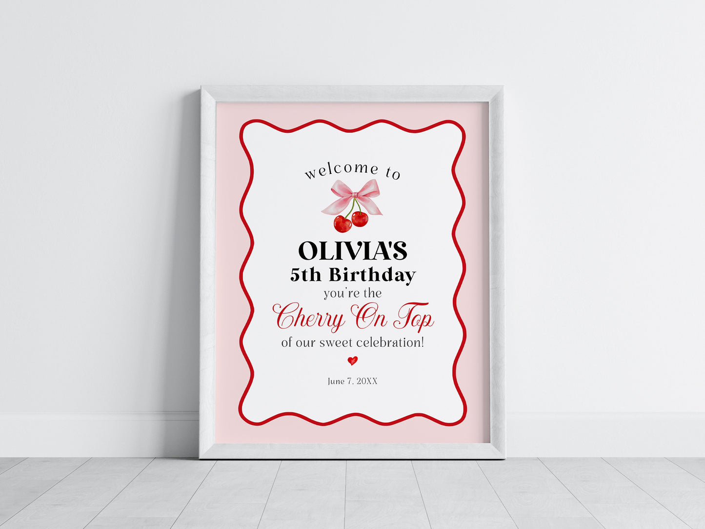 Cherry Sweet Birthday Welcome Sign Printable Template, Cherry on Top Theme Spring or Summer Party for girl, pink and red wavy soda shop