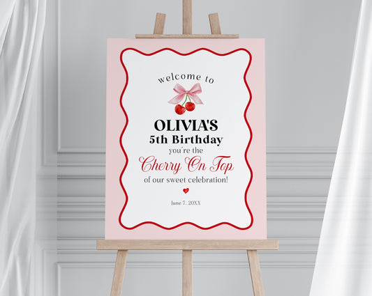 Cherry Sweet Birthday Welcome Sign Printable Template, Cherry on Top Theme Spring or Summer Party for girl, pink and red wavy soda shop