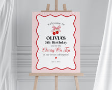  Cherry Sweet Birthday Welcome Sign Printable Template, Cherry on Top Theme Spring or Summer Party for girl, pink and red wavy soda shop