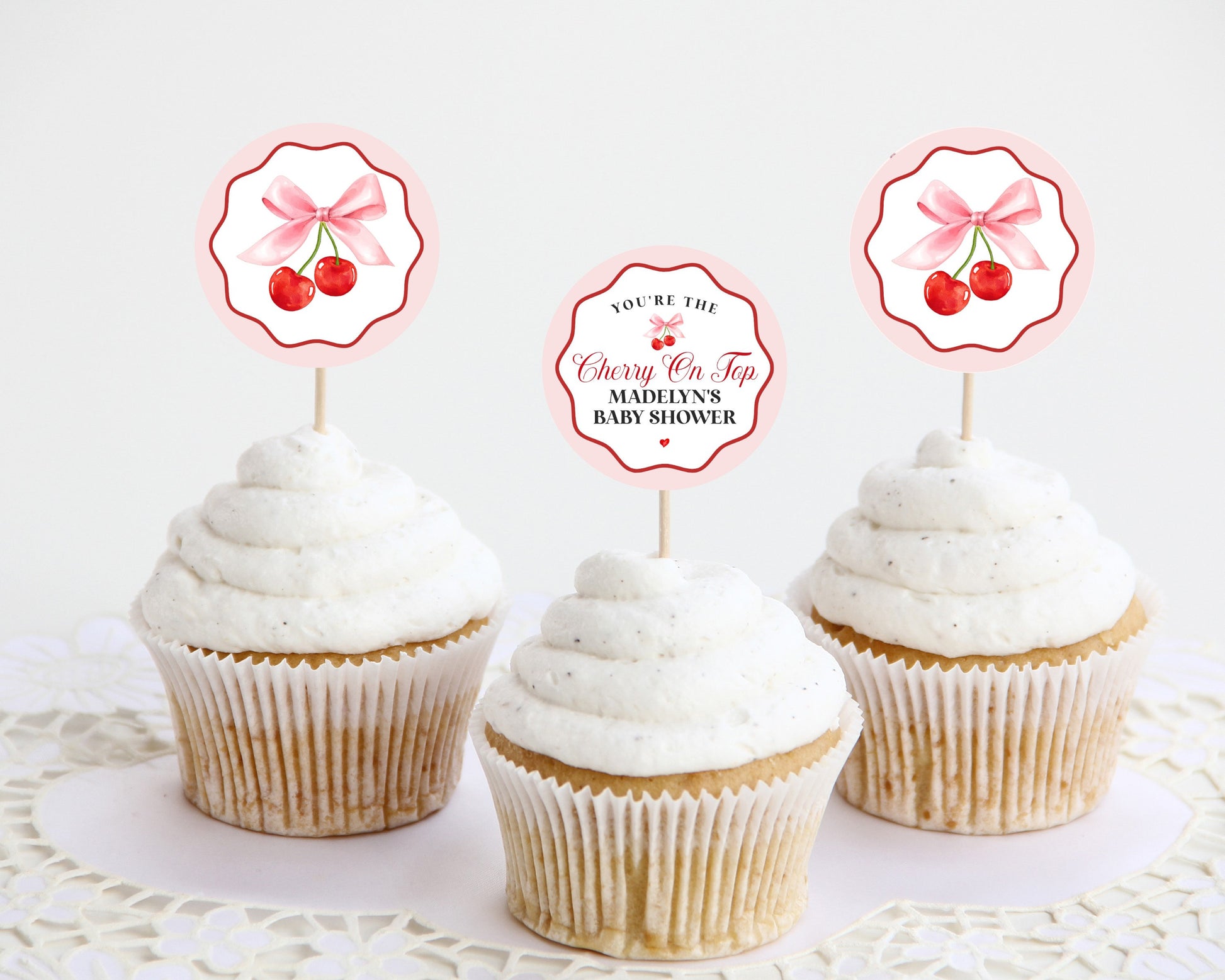 Cherry Sweet Cupcake Toppers Printable for Baby Birthday and Bridal Shower, Cherry on Top Theme Spring or Summer Party for girl