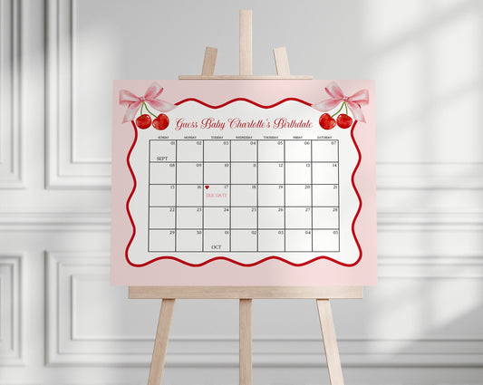 Cherry Sweet Baby Shower Guess the Date Game Template, Cherry on Top Theme Spring or Summer Party for girl pink and red wavy soda shop decor