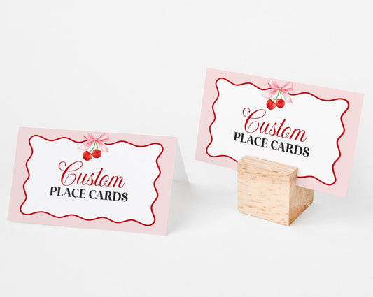 Cherry Sweet Place Cards for Baby Shower or Birthday Printable Template, Cherry on Top Spring Summer Girl Party, pink & red wavy soda shop