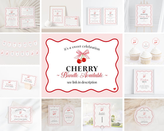 Cherry Sweet 1st Birthday Milestone Banner Printable Template, Cherry on Top Theme Spring or Summer Party for girl pink & red wavy soda shop