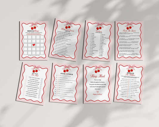 Cherry Sweet Bridal Shower Games Set Printable Template, Cherry on Top Theme Spring or Summer Party for girl, pink red wavy soda shop decor