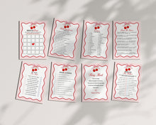  Cherry Sweet Bridal Shower Games Set Printable Template, Cherry on Top Theme Spring or Summer Party for girl, pink red wavy soda shop decor