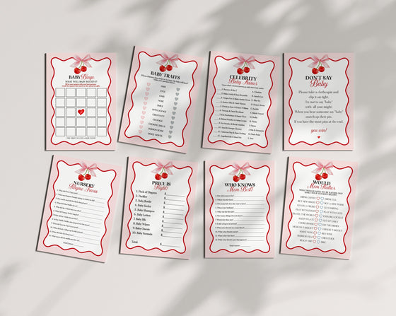 Cherry Sweet Baby Shower Games Printable Template, Cherry on Top Theme Spring or Summer Party for girl, pink and red wavy soda shop decor