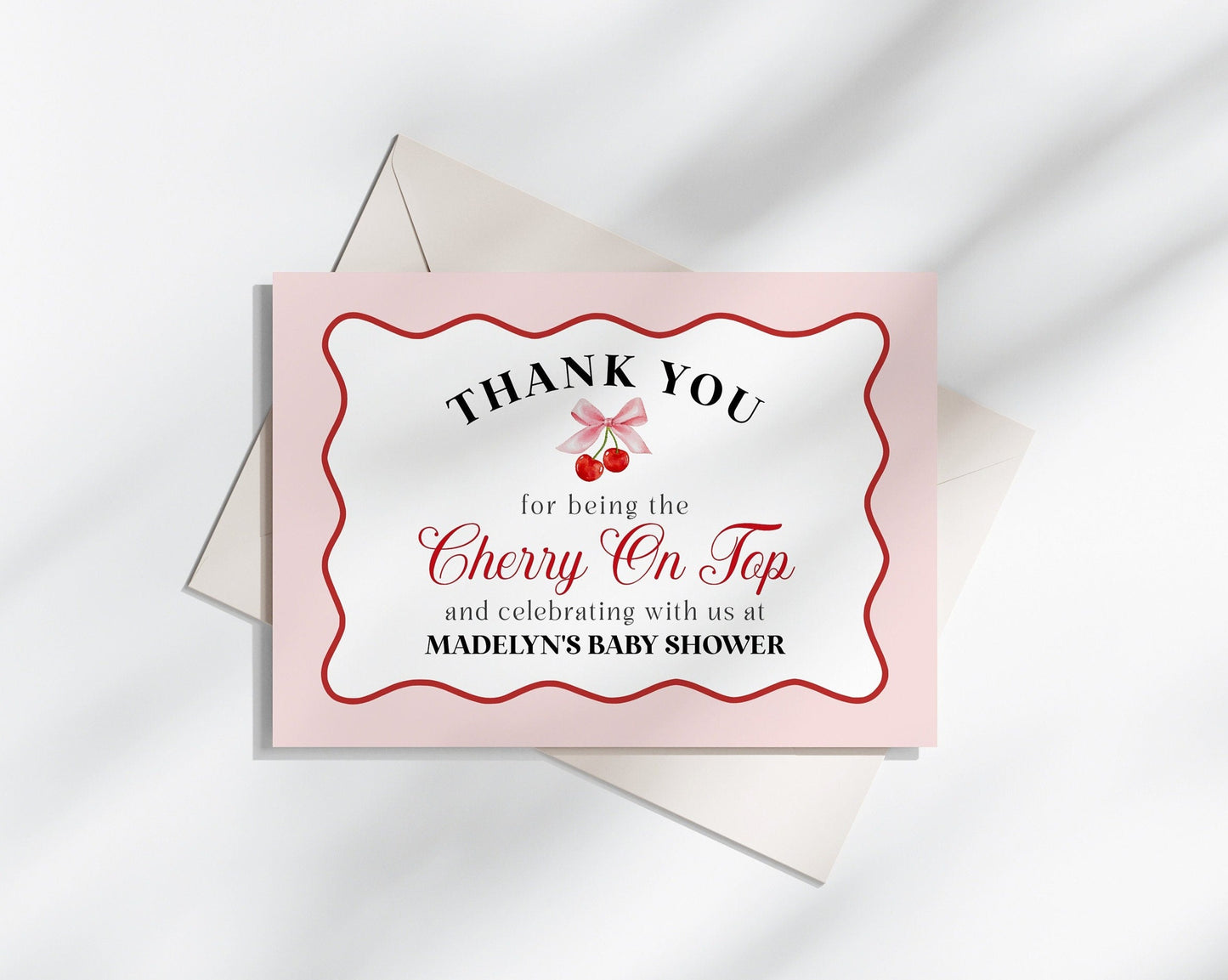 Cherry Sweet Thank You Card Printable Template, Cherry on Top Theme Spring or Summer Party for girl, pink and red wavy soda shop decor